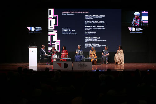 Women In Design 2020+ Conference- Panel Discussion titled Retrospective then and Now (L-R- Asad Lalljee, Neera Adarkar, Hirante Welandawe, Brinda Somaya, Shimul Javeri Kadri, Eli Giannini, Abha Narian Lambah)