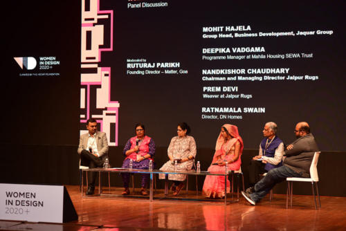 Women In Design 2020+ Conference- Panel Discussion titled Women In Construction, Skilled Labour and Weavers (L-R- Mohit Hajela, Ratnamala Swain, Dipika Vadgama, Prem Devi, Nandkishor Chaudhury and Ruturaj Parikh)