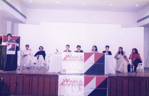 Panel Discussion Women In Architecture 2000 Plus Conference(L-R Pradnya Chauhan, Neera Adarkar, Shimul Javeri Kadri, Eli Giannini, Yasmeen Lari, Brinda Somaya, Tan Beng Kiang, Afroza Ahmed, Hirante Welandawe)